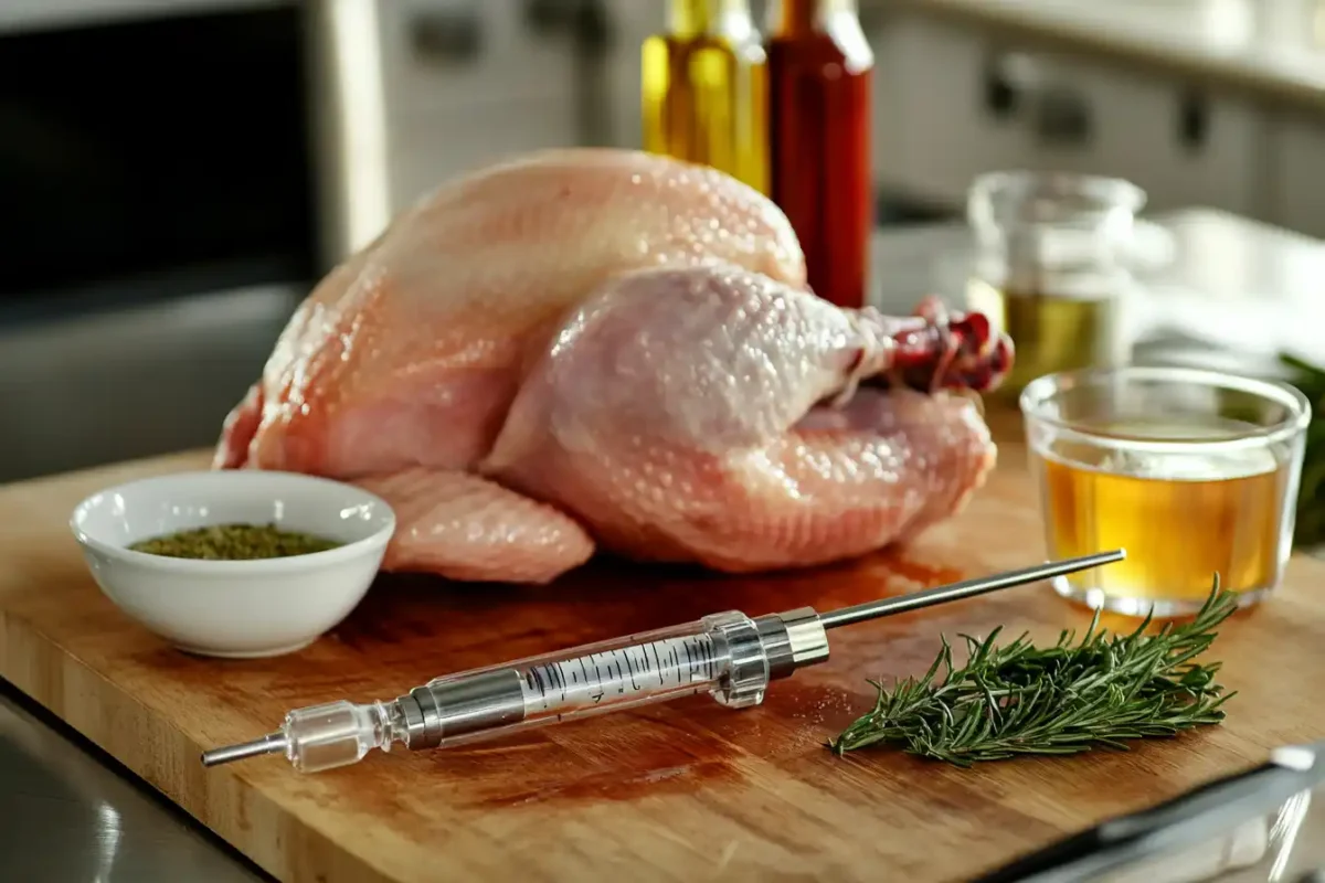 A meat injector and a bowl of seasoned marinade next to a raw turkey
