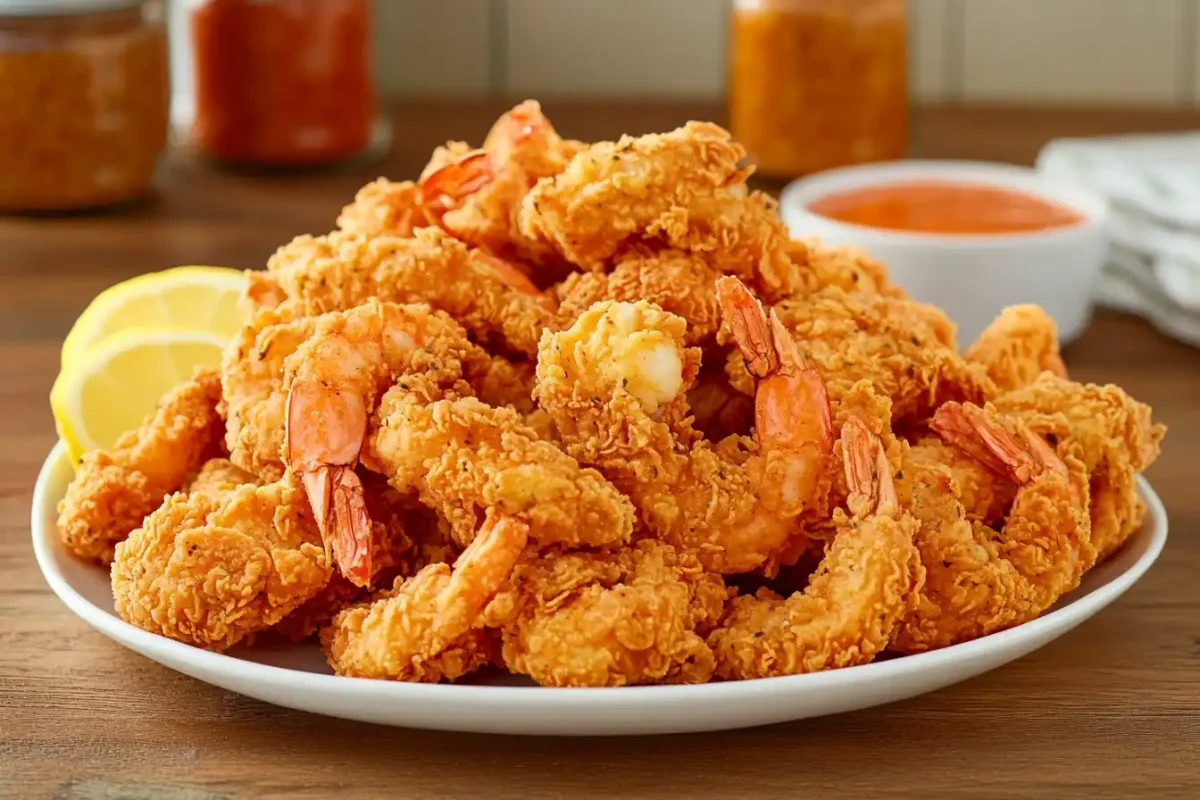 A plate of homemade crispy Popeyes-style chicken and shrimp with dipping sauce.