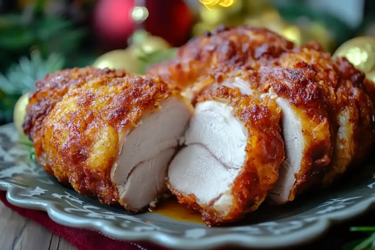 A crispy deep-fried turkey sliced open, showing juicy, flavorful meat inside