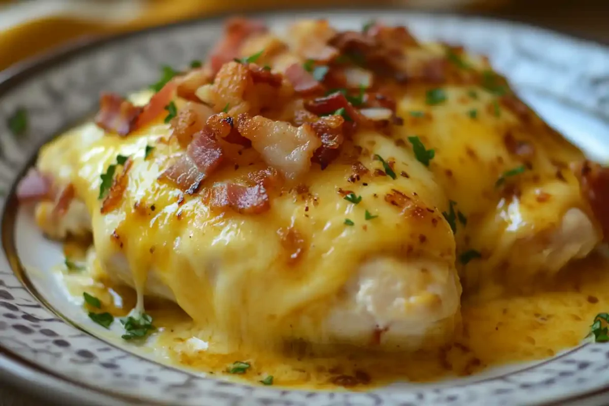 Alice Springs Chicken plated with cheese and bacon