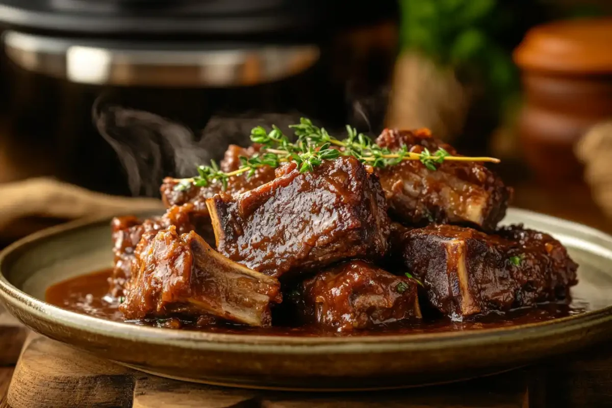 A plate of slow-cooked beef country ribs in a rich sauce.