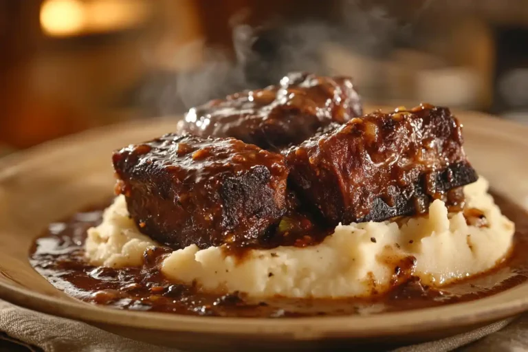 A plate of boneless beef chuck short ribs with mashed potatoes.