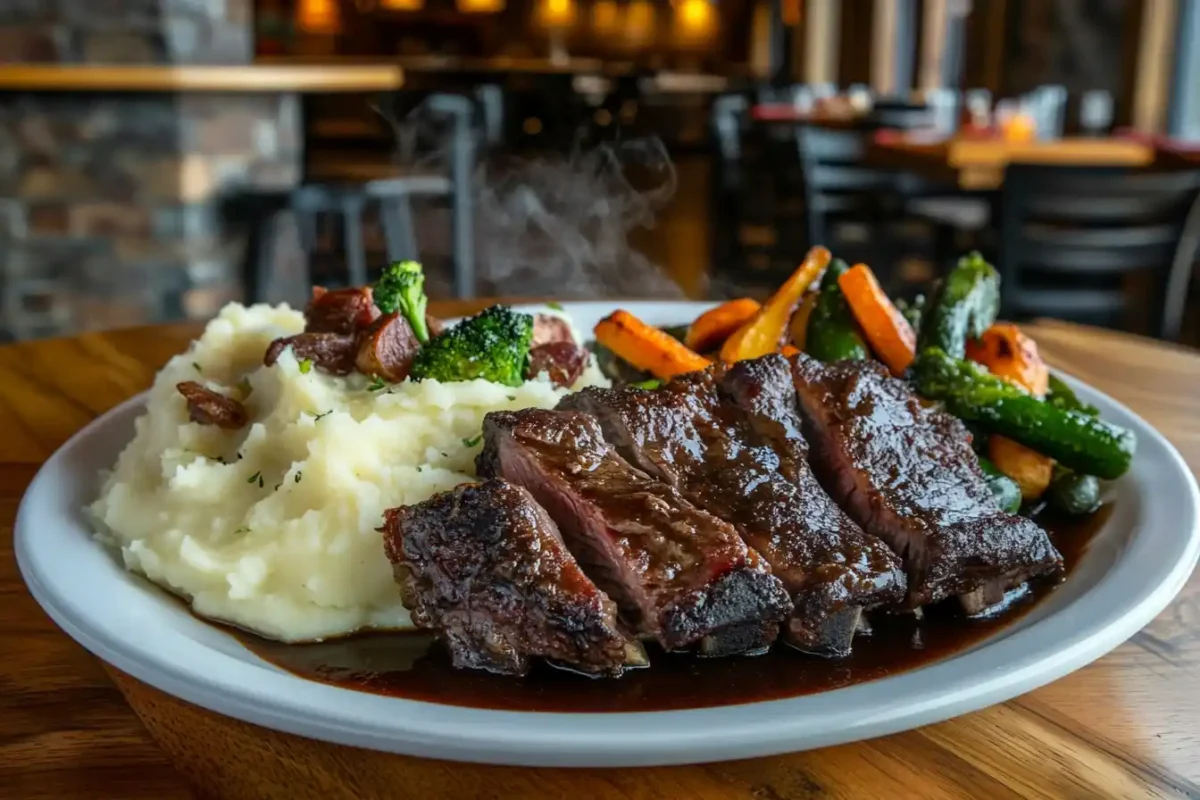 A plate of braised boneless beef short ribs with mashed potatoes.