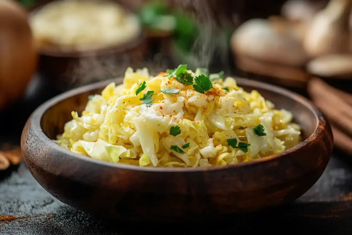 A delicious plate of cabbage and eggs stir-fry, freshly cooked and ready to serve.