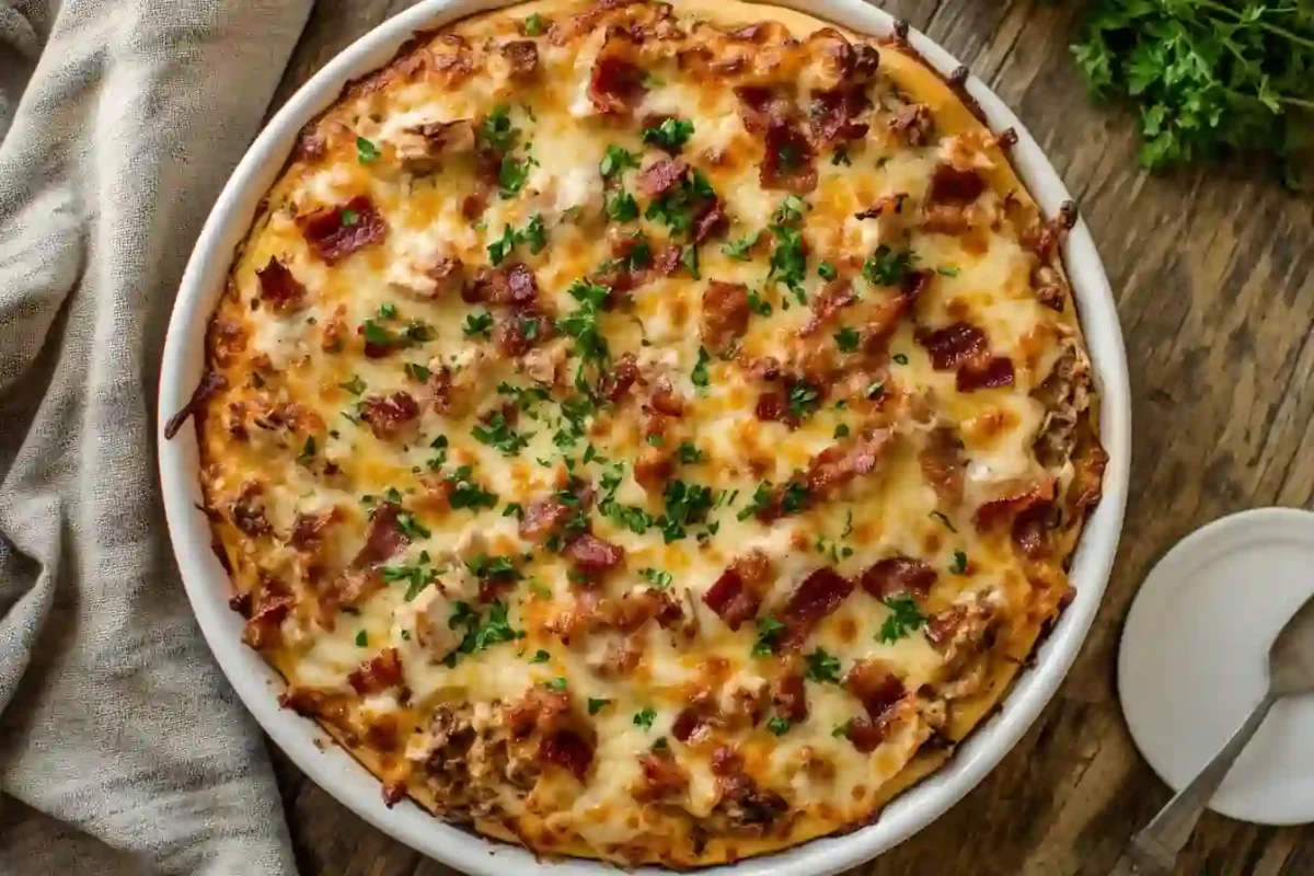 Golden Alice Springs Chicken casserole topped with bacon and cheese in a baking dish