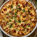 Golden Alice Springs Chicken casserole topped with bacon and cheese in a baking dish