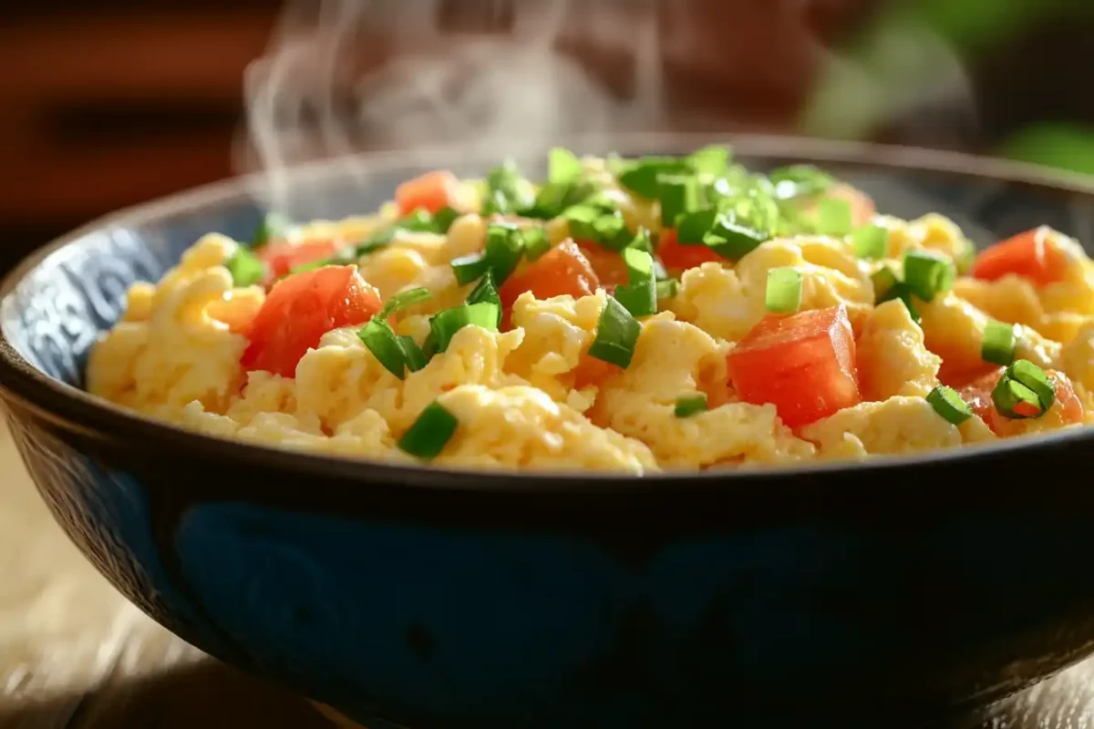 A bowl of fluffy scrambled eggs mixed with juicy tomatoes and garnished with green onions.