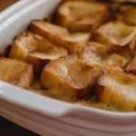 Close-up of baked french toast casserole with sourdough bread in dish