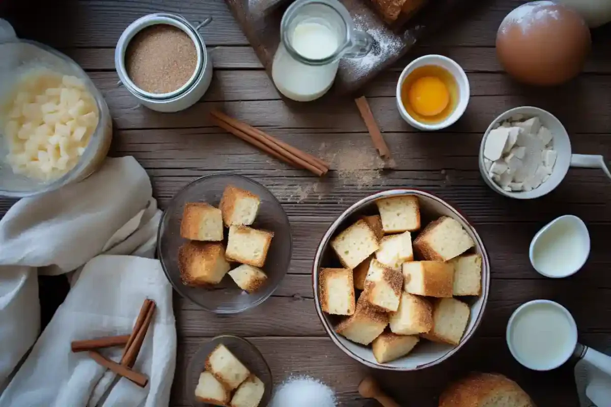Ingredients for french toast casserole with sourdough bread on rustic surface
