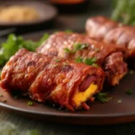 Freshly made corned beef egg rolls served on a rustic plate