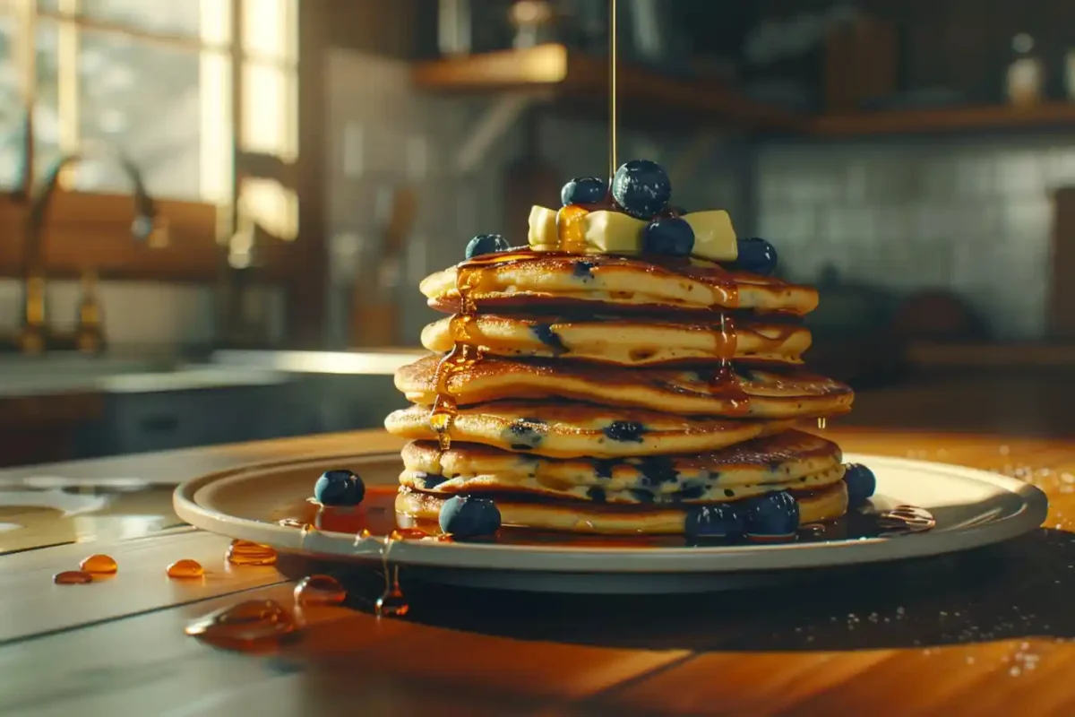 Stack of golden cracker barrel pancake recipe blueberry with butter and syrup