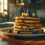Stack of golden Cracker Barrel blueberry pancakes with butter and syrup