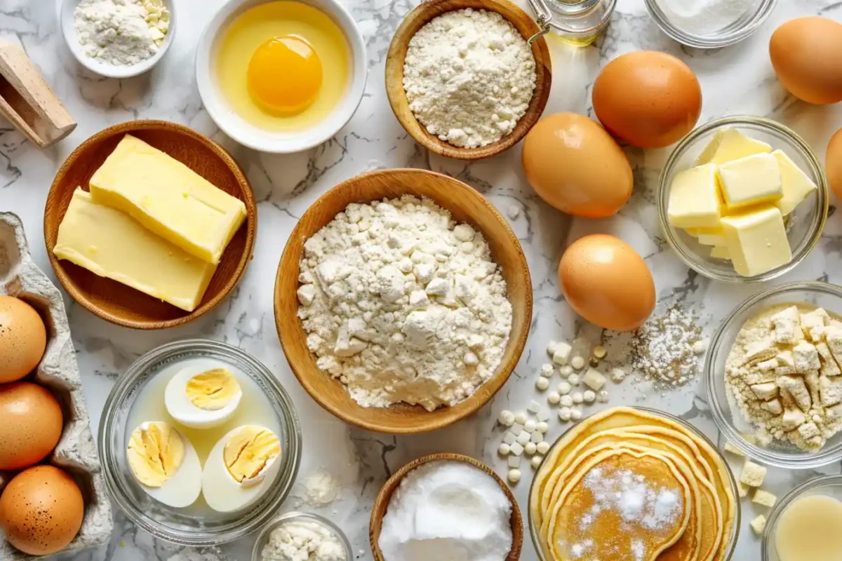 Ingredients for Cracker Barrel pancakes on marble counter in modern kitchen