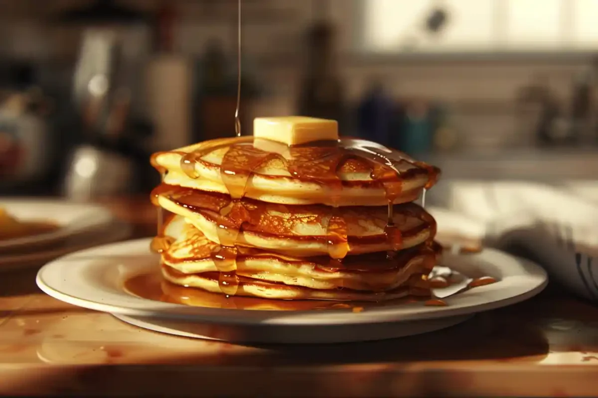 Stack of Cracker Barrel pancakes with syrup and butter in modern kitchen