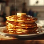 Stack of Cracker Barrel pancakes with syrup and butter in modern kitchen