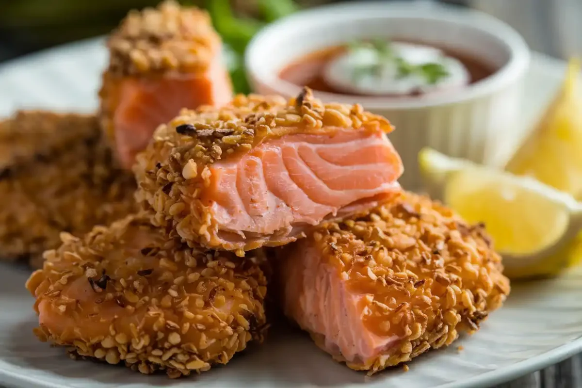 A plate of crispy salmon bites with dipping sauce and lemon wedges.