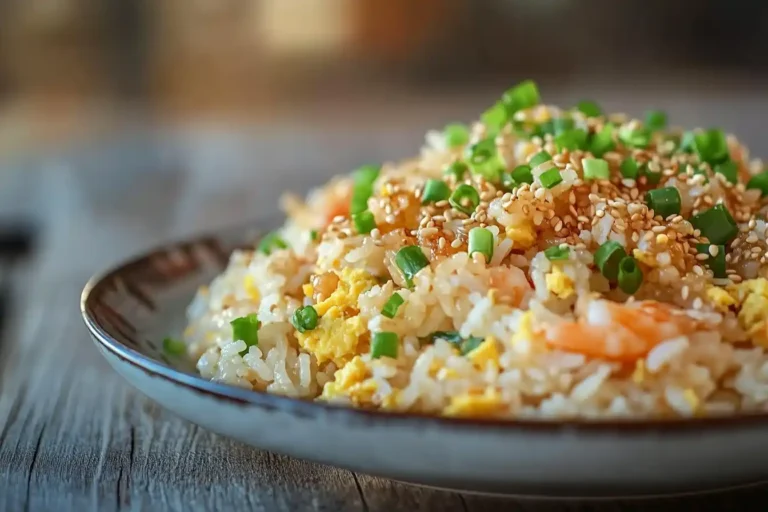 A plate of homemade fried rice with egg and shrimp, garnished with green onions.