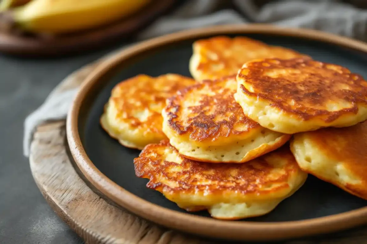 Stack of banana pancakes without eggs on a rustic plate