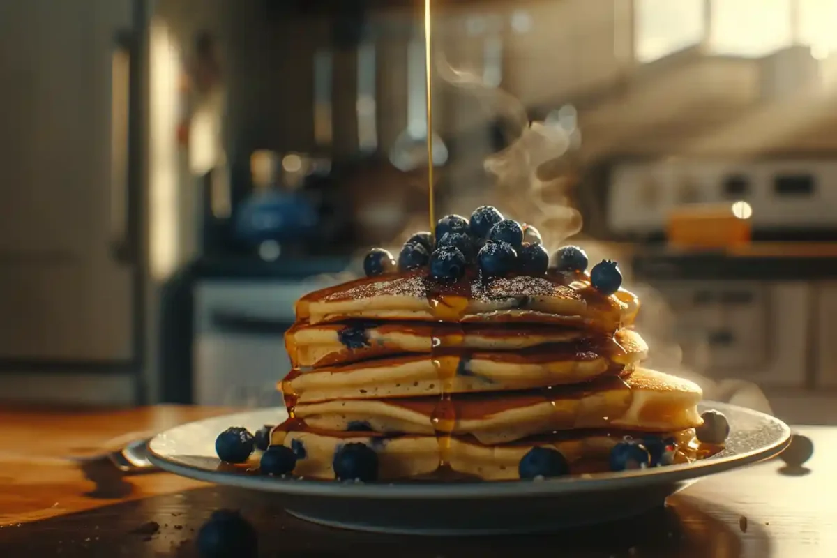Served Cracker Barrel blueberry pancakes topped with syrup and berries