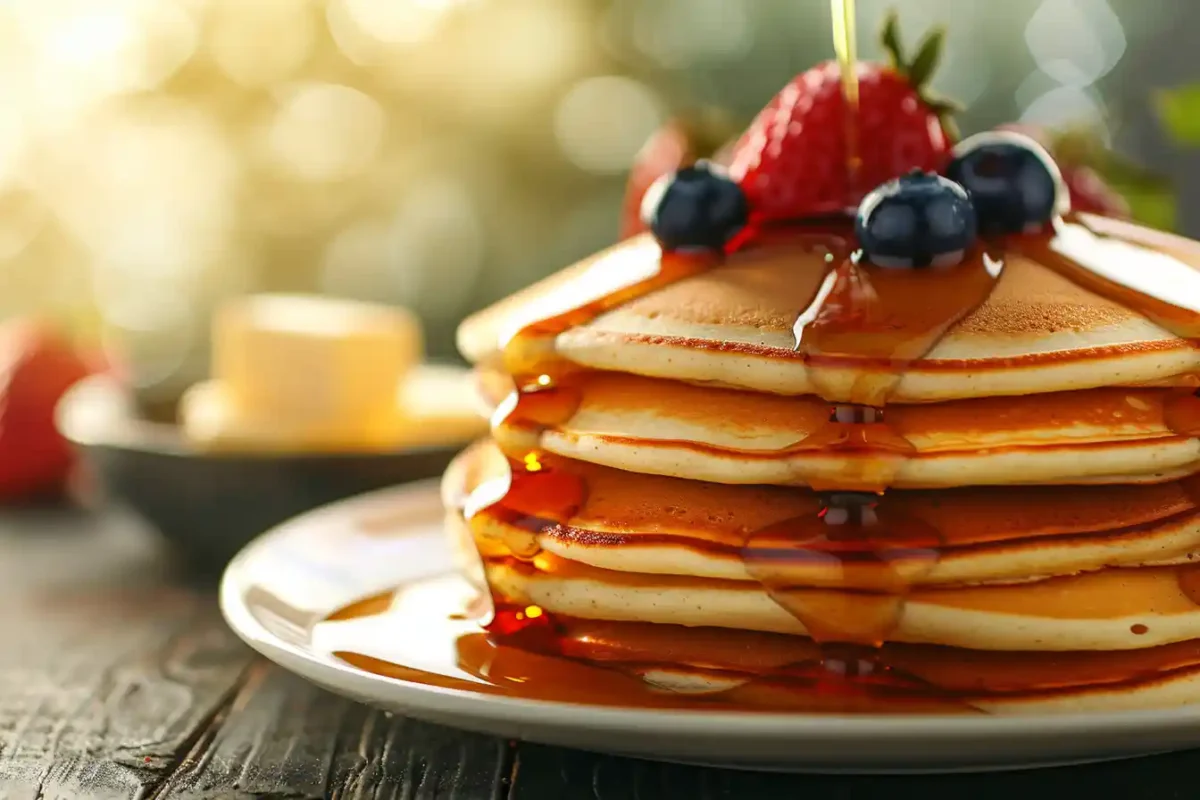 Served Cracker Barrel pancakes with syrup and butter in modern kitchen
