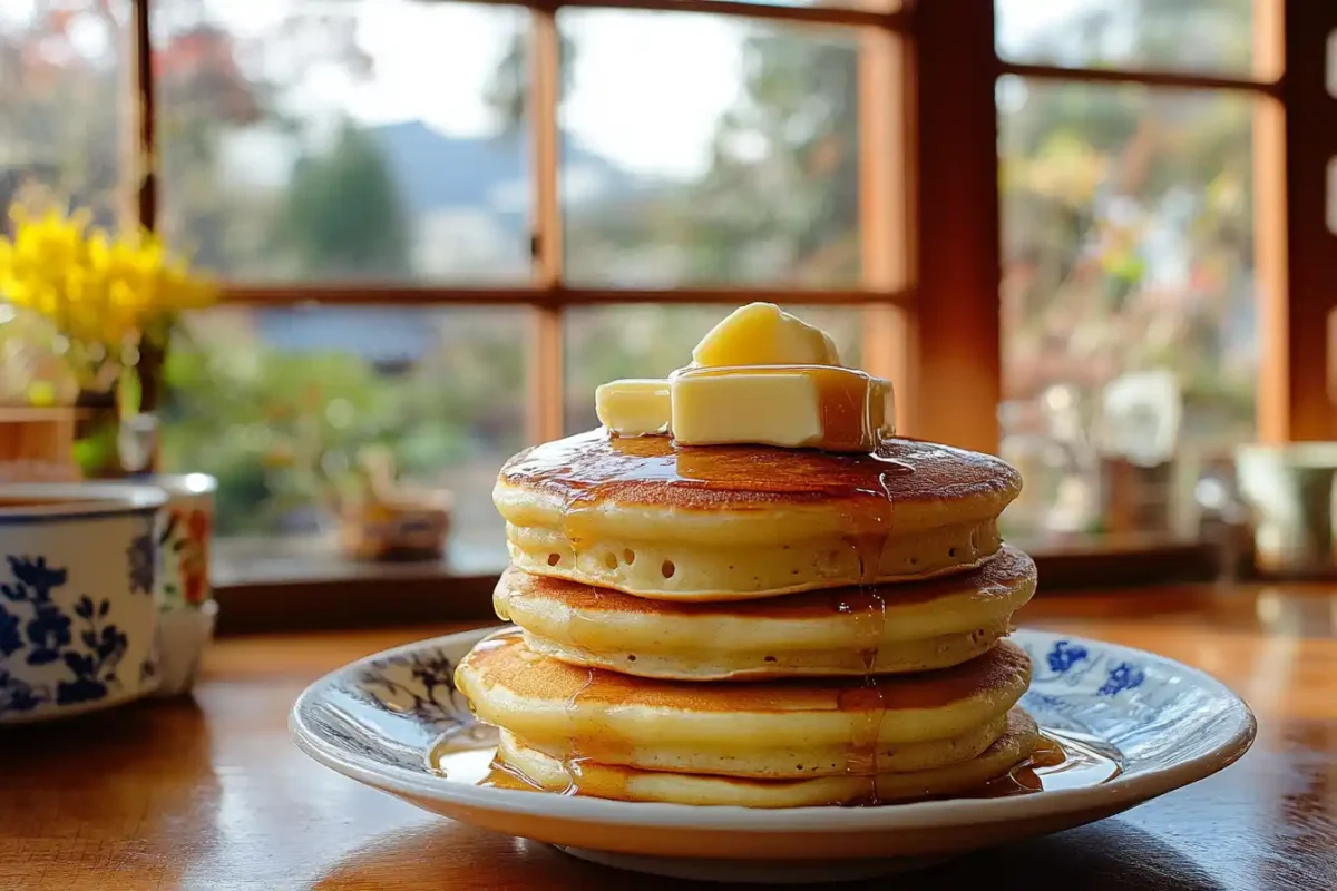 Stack of Krusteaz pancakes with butter and syrup on top