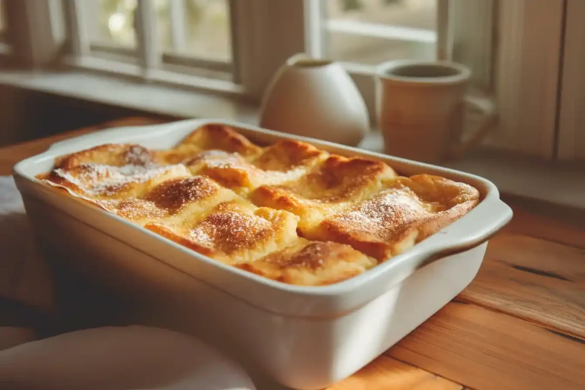 Close-up of baked french toast bake with sourdough bread in ceramic dish