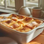 Close-up of baked french toast bake with sourdough bread in ceramic dish