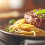 Beef cube steak and pasta recipes served on a rustic plate