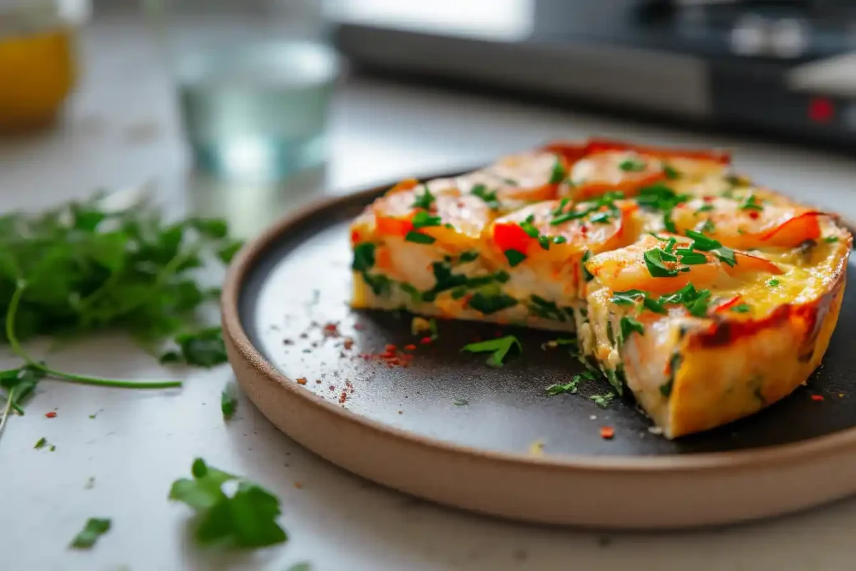 Crab and shrimp quiche served on rustic plate