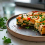 Crab and shrimp quiche served on rustic plate