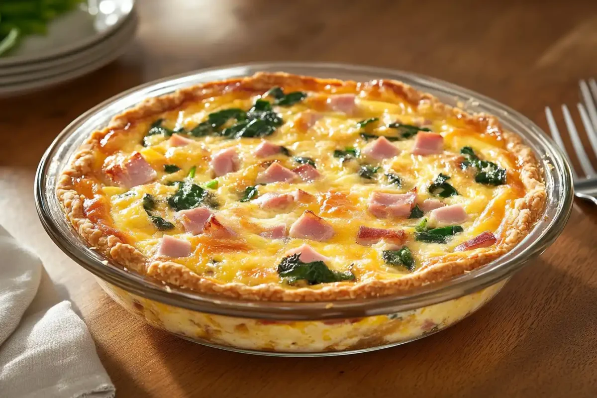 A freshly baked Bisquick quiche with cheese and ham in a pie dish.