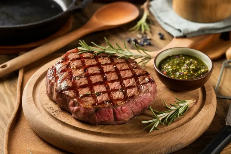 Grilled Beef Top Round Steak garnished with rosemary and chimichurri sauce on a cutting board.