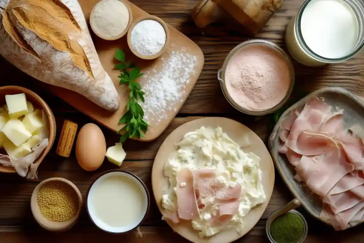 Flat lay of ingredients for authentic French croque monsieur recipe on rustic wooden table
