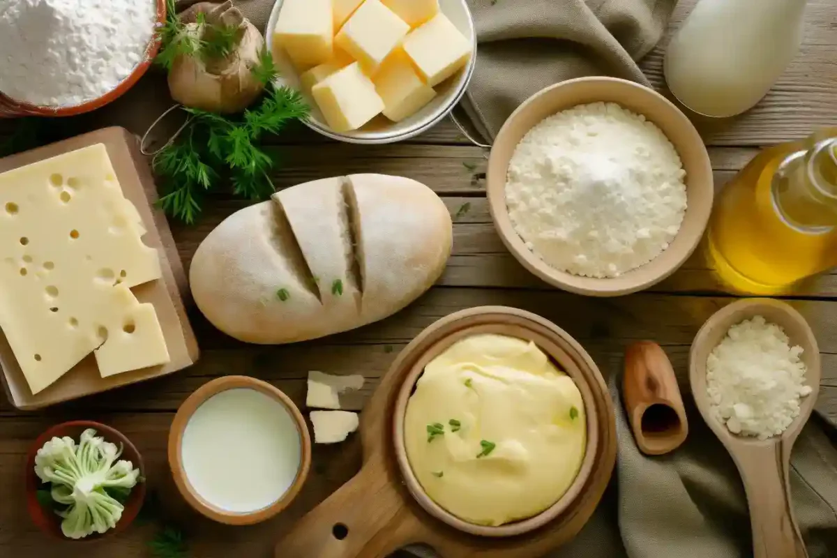 Flat lay of ingredients for béchamel sauce recipe for croque monsieur