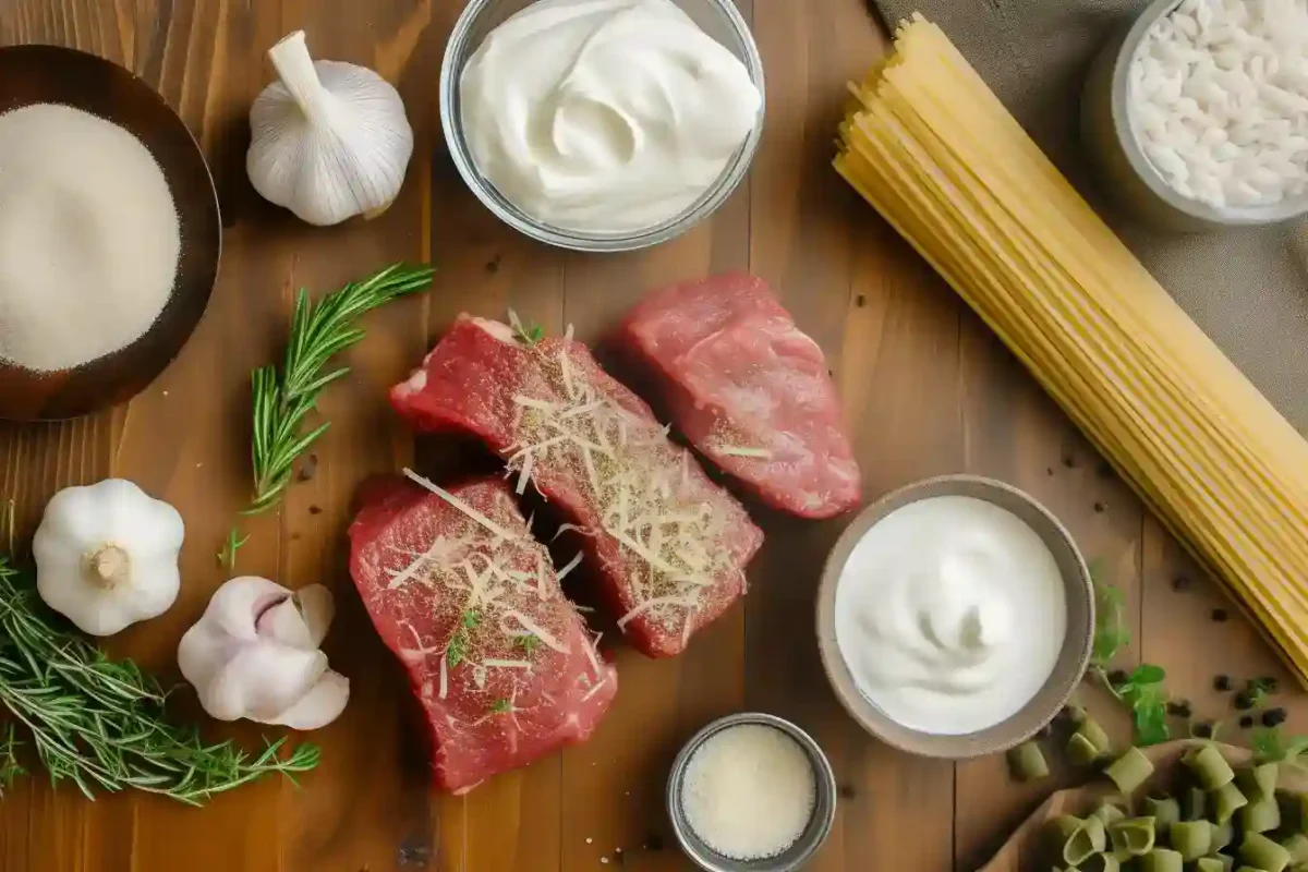 Flat lay of beef cube steak and pasta recipes ingredients