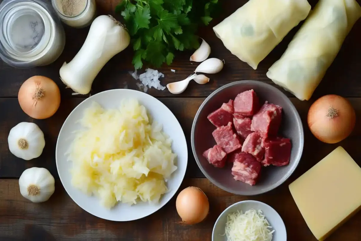 Flat lay of ingredients for corned beef egg rolls on a wooden table