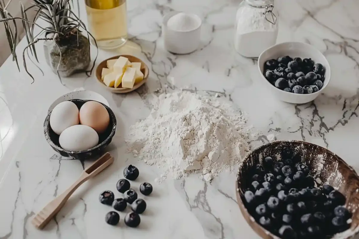 Blueberry pancake ingredients laid out in a modern kitchen