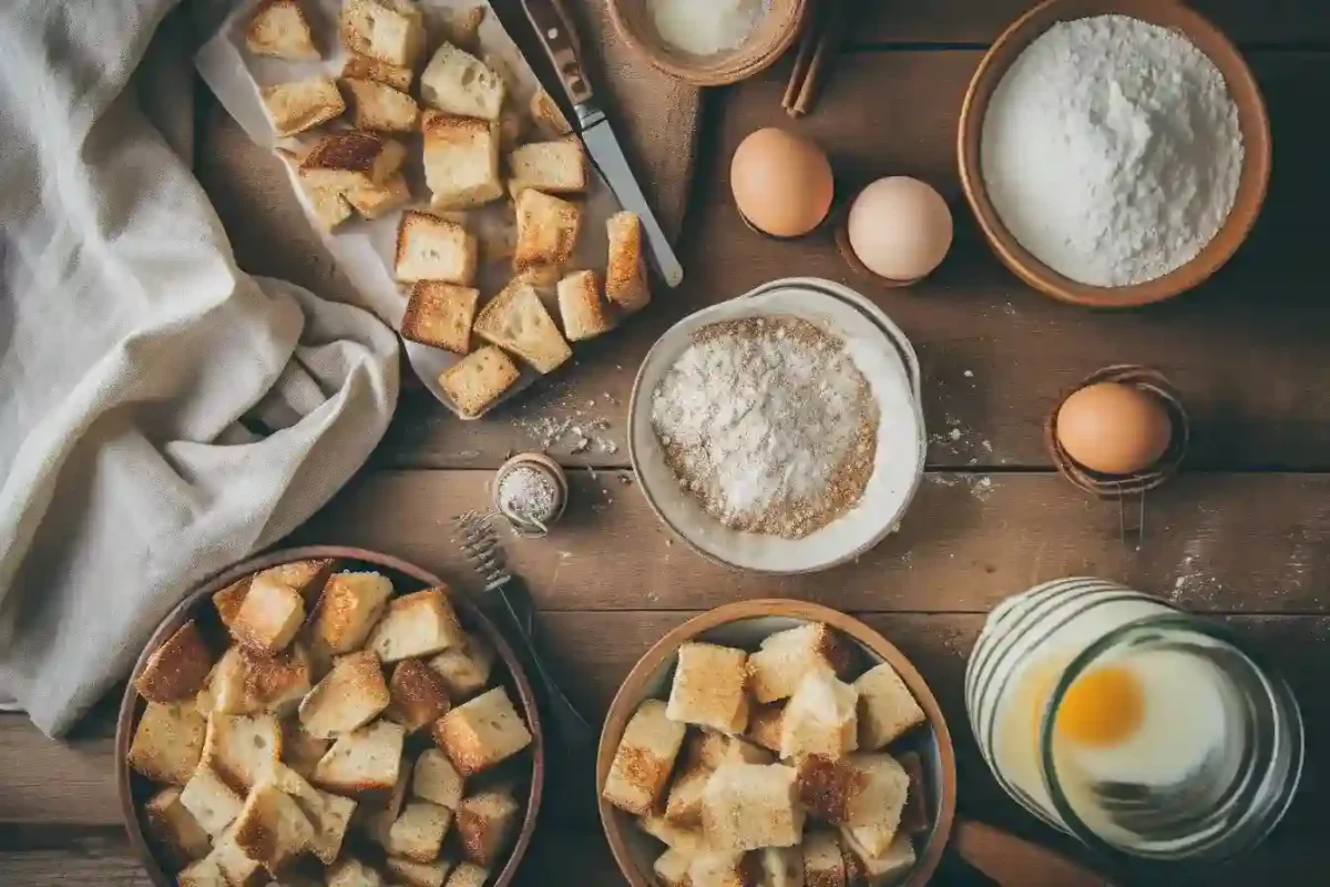 Flat lay of sourdough, eggs, milk, and cinnamon for french toast bake