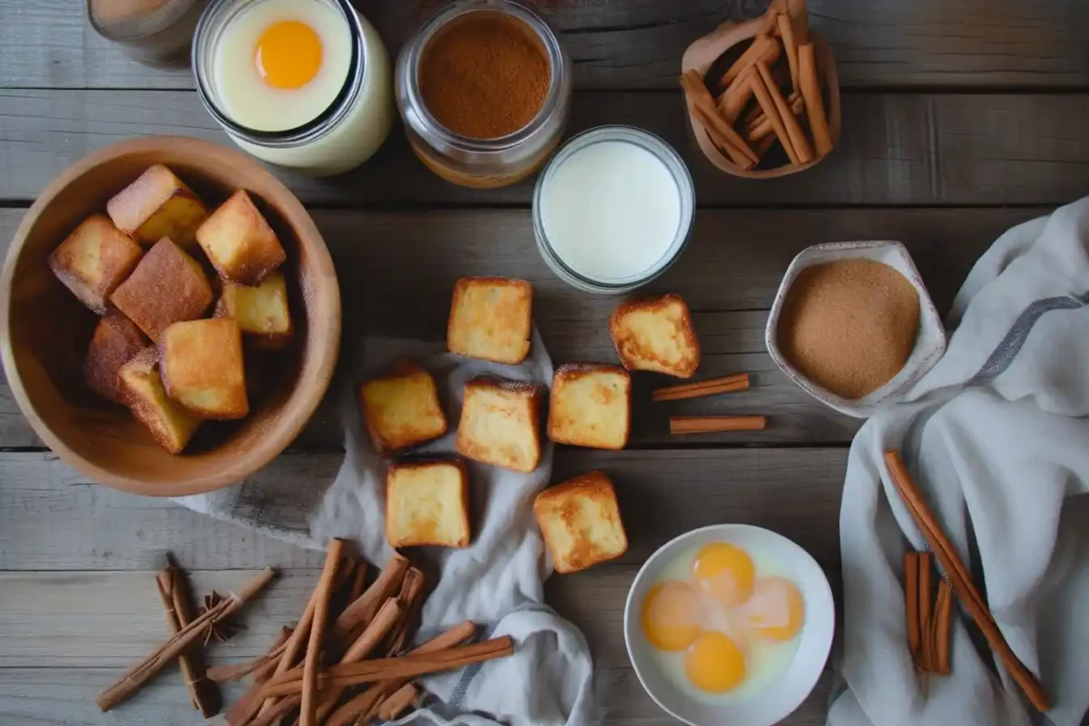 Close-up flat lay of ingredients for hawaiian roll french toast