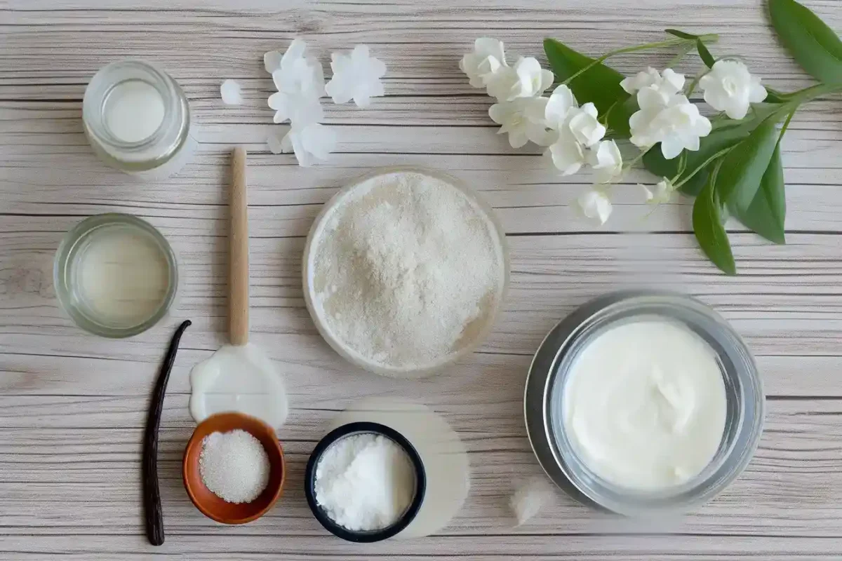 Flat lay of ingredients for pancake recipe without milk, eggs, or butter