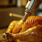 A meat injector filled with marinade being used on a raw turkey before frying