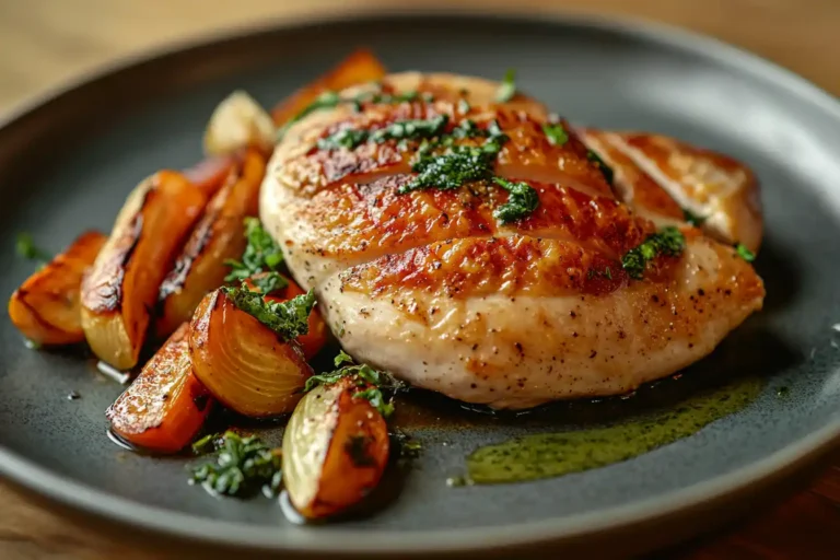 Plated thin chicken breast with fresh herbs and roasted vegetables