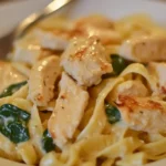 Marry Me Chicken Pasta served in a skillet with spinach