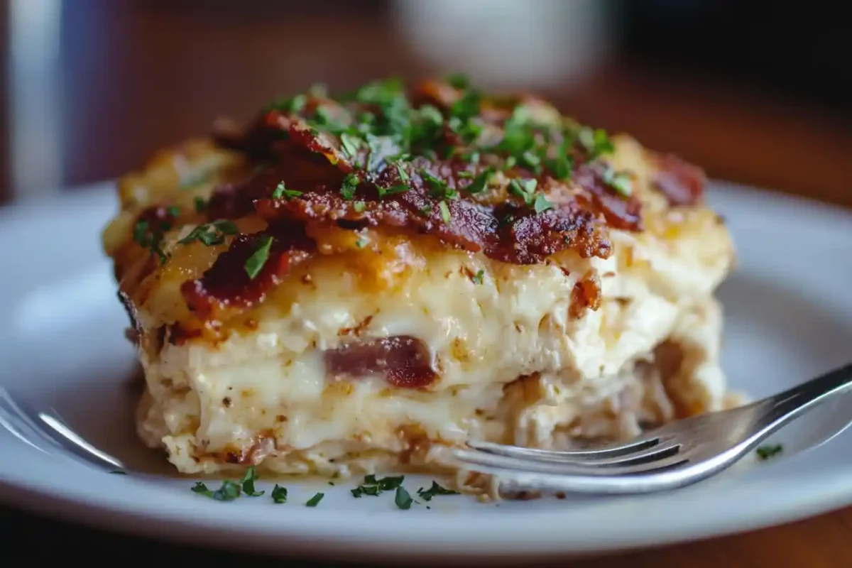 A single serving of Alice Springs Chicken casserole on a plate with melted cheese and bacon