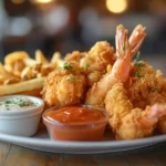 A plate of Popeyes fried chicken and shrimp with dipping sauces.