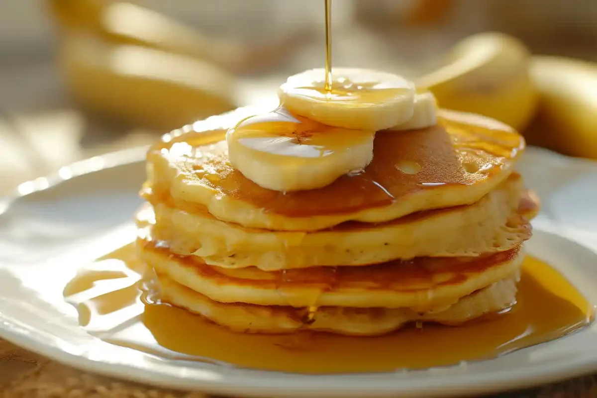 Hot banana pancake recipe without eggs being served with syrup