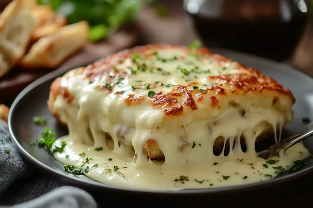 Hot béchamel sauce recipe for croque monsieur being served warm