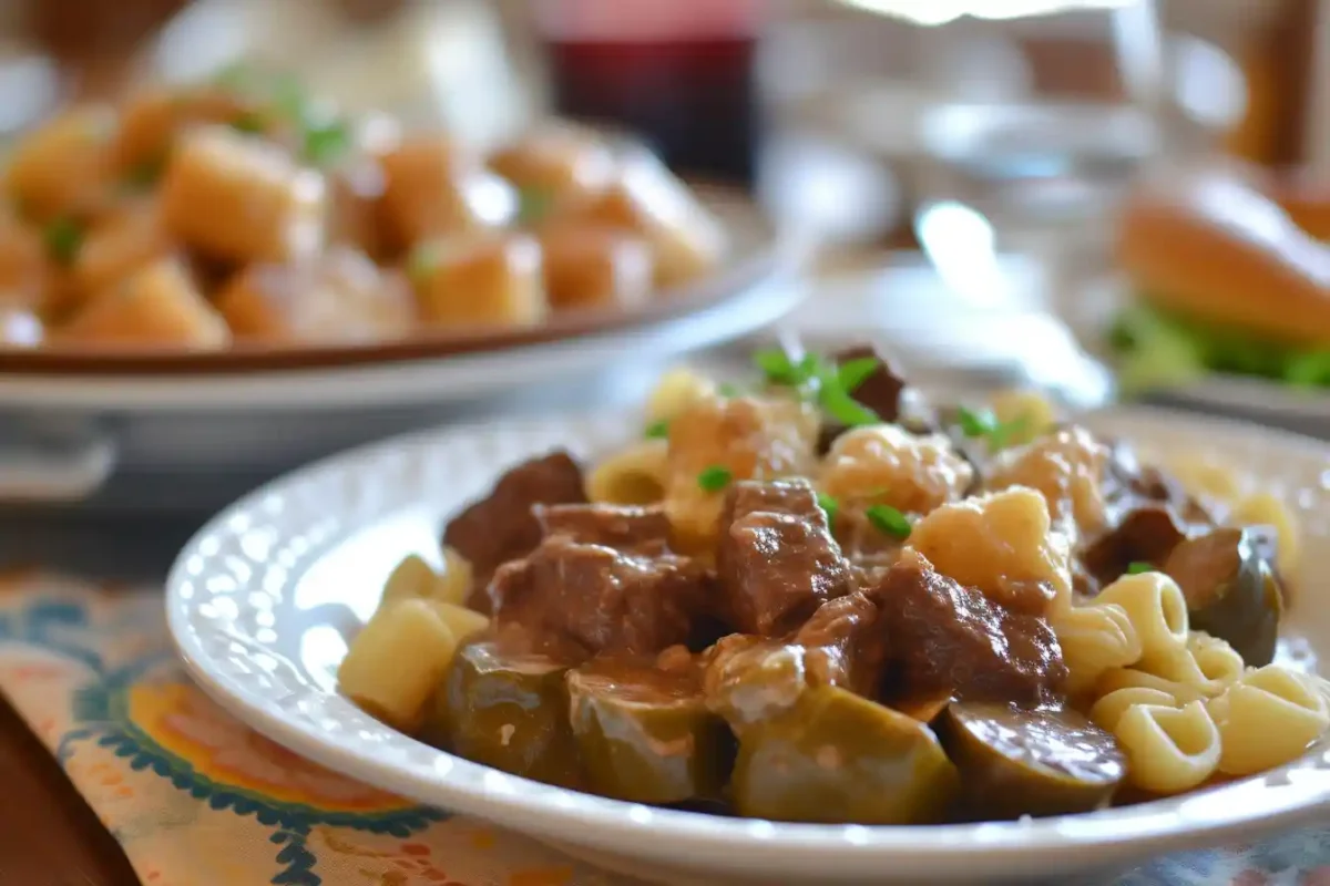 Hot portion of beef cube steak and pasta recipes served