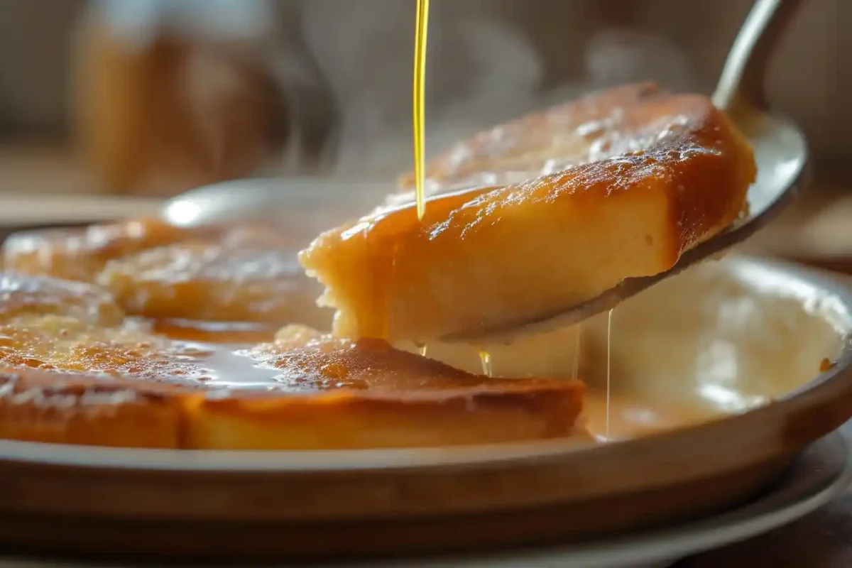 Close-up of serving slice of french toast casserole with sourdough bread