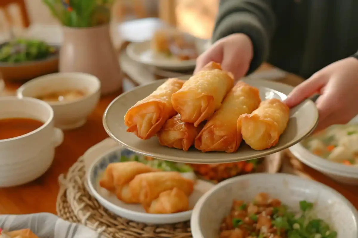 Hot corned beef egg rolls being served on a cozy family table